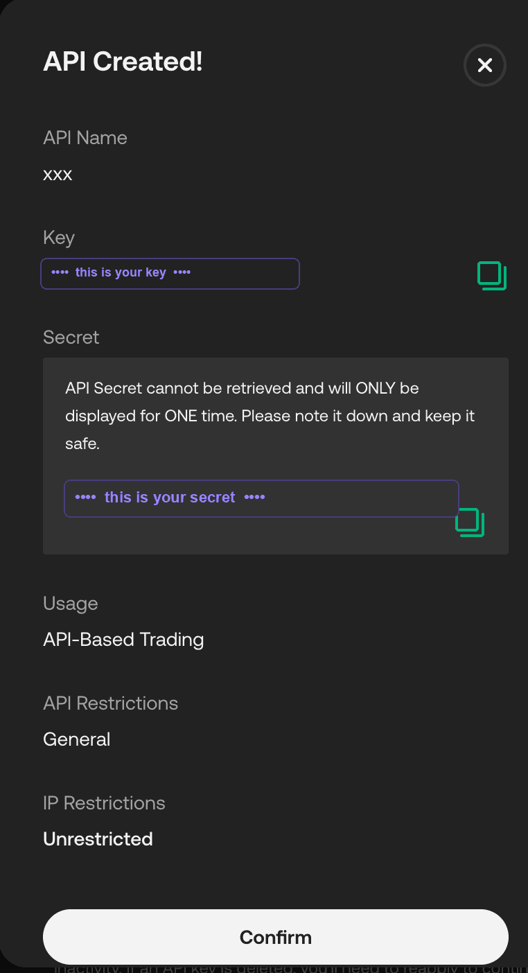 KuCoin API Created screen confirming General permission (key & secret hidden)