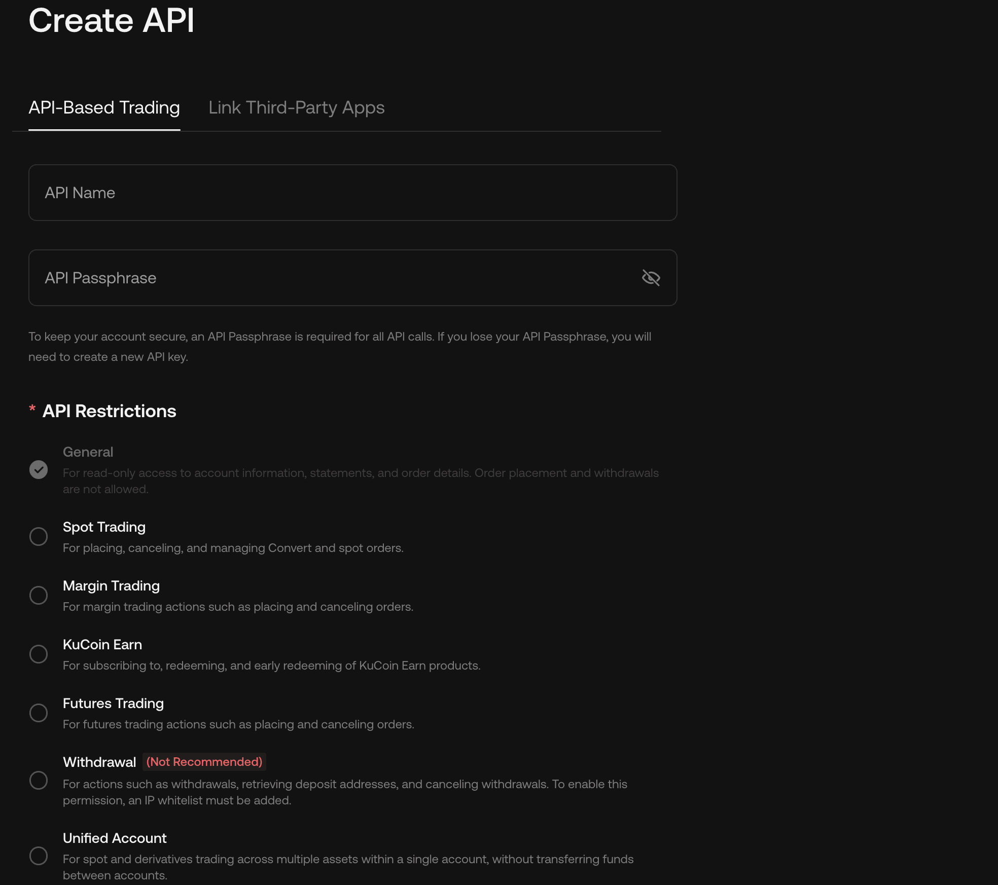 KuCoin Create API form with only General permission selected