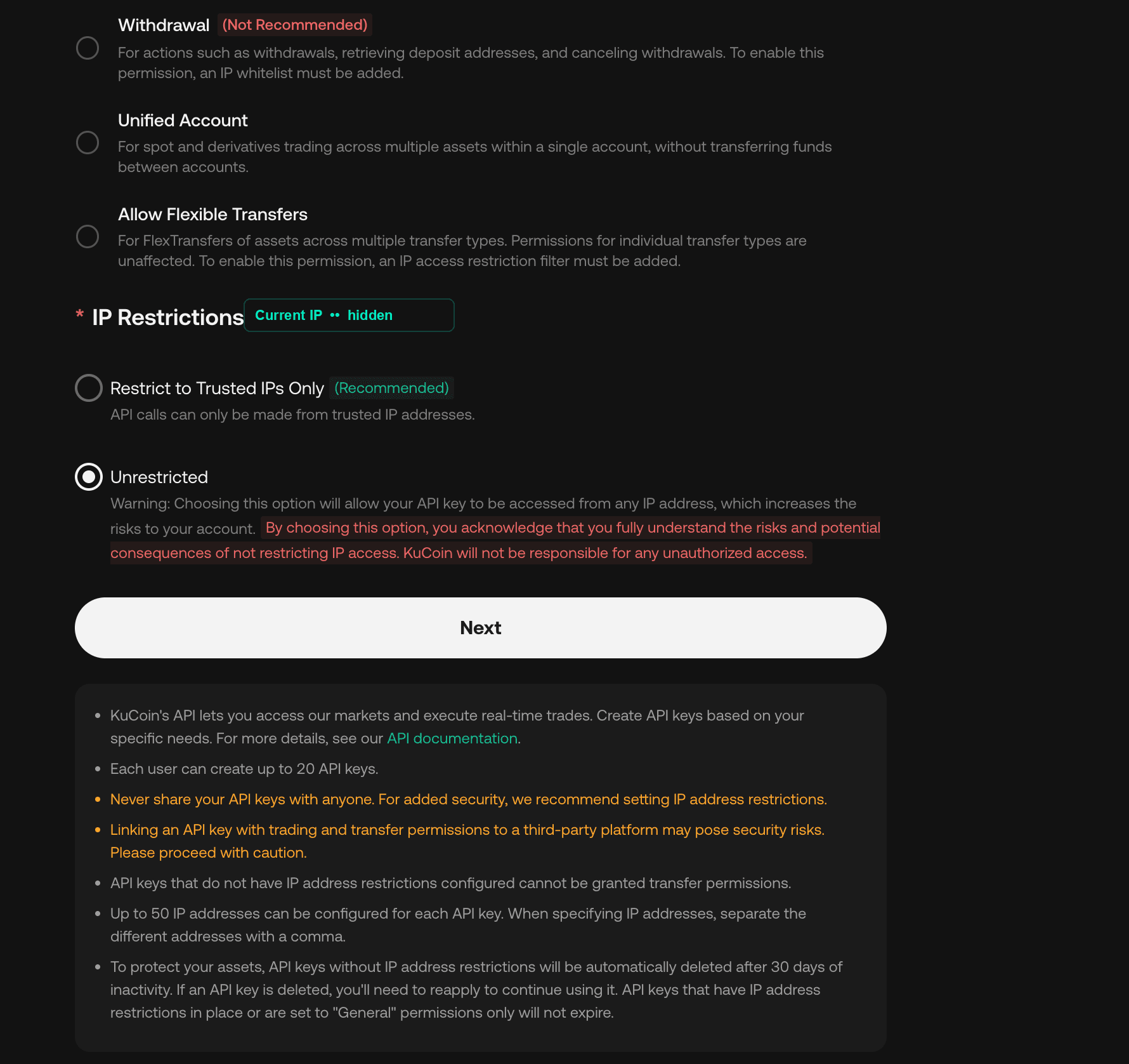 KuCoin IP Restrictions section with a Next button